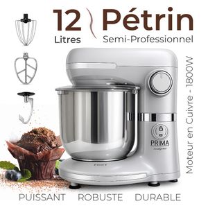 Prima Pétrin Semi-Professionnel 12L 1800W - Robot Pâtissier Moteur Cuivre, 8 Vitesses + Pulse - Bol Inox XXL, Couvercle Anti-Projection + 3 Accessoires (Fouet, Crochet, Batteur) - Idéal Pain, Msemen, Gâteaux - Haute Qualité Robustesse Prix Maroc Pas Cher. Gris