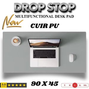 Drop Stop وسادة مكتب، وسادة ماوس، حصيرة مكتب من الجلد الصناعي المقاوم للانزلاق بحواف مخيطة، مثالية للمكتب والمنزل والمدرسة (رمادي فاتح) 90 x 45x سم.