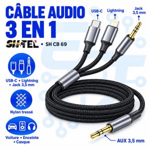 Shtel Câble audio AUX 3 en 1 USB-C, Lightning et Jack 3,5 mm – Nylon tressé – SH CB 69