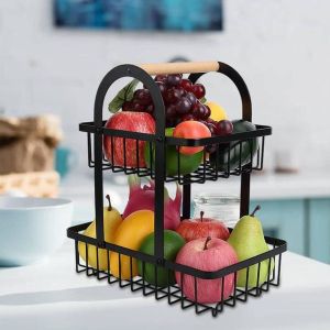 Generic Mini Porte-panier à 2 niveaux en métal, étagère de rangement fruits  et légumes, poignée en bois à prix pas cher