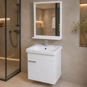 Ferri Ensemble Meuble Salle de Bain PVC Blanc avec Vasque, Miroir, Robinet et Siphon – 50 × 35 cm