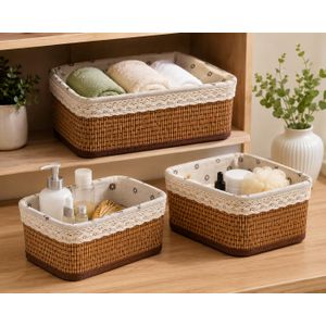 Lot de 3 Paniers de Rangement en Bambou avec Doublure Tissu – Organisateurs Rectangulaires Polyvalents