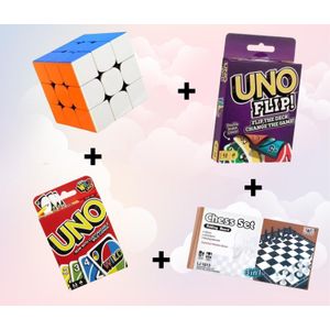 Pack Jeux 4 en 1 – UNO + UNO Flip + Échecs + Cube Rubik – Jeux de Société