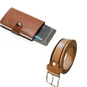 حامل بطاقات ائتمان، محفظة رفيعة مضادة للسرقة + حزام بنطال بني