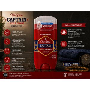 Old Spice Captain scent of bergamot Déodorants Stick Protection contre la sueur, sans traces Sans aluminium Fraîcheur 24h/24 85g