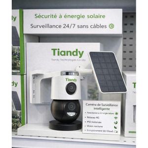 Caméra de Surveillance Solaire Tiandy 4G/WiFi – 360° PTZ – Vision Nocturne – HD – Sans Fil – Batterie + Panneau Solaire