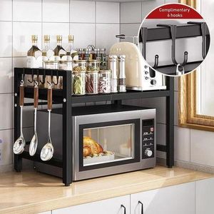 Support de Cuisine Réglable pour Micro-Ondes – Étagère avec Crochets Noir