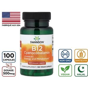 Swanson Vit B-12 as Cyanocobalamin 500mcg 30 Vegan Capsules - Energy, Metabolic and Red Blood Cell Production - فيتامين ب12 سيانوكوبالامين 500 ميكروغرام  100 كبسولة نباتية لدعم الطاقة والأيض