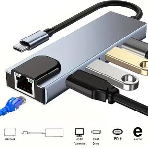 محول 5 في 1 من HDTV RJ45 USB3.0 PD Type-C HUB لأجهزة Mac وWindows PC و telephone