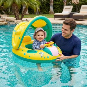 Bouée Bébé Siège avec Parasol Amovible, Bateau Gonflable Jaune et Turquoise avec Volant et Klaxon, Flotteur de Piscine Enfant, Pare-Soleil Anti-UV, 90 cm – Collection Summer Sea
