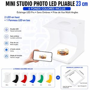 Puluz Mini Studio Photo LED Pliable 23 cm avec Fonds Colorés – Boîte à Lumière pour Photographie de Produits