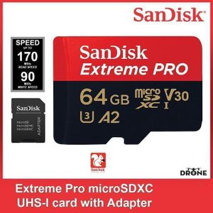 Sandisk Carte memoire microSDXC Extreme PRO 64GB+Adaptateur SD Avec Performances Dronee Applicatives A2 jusqu'à170 Mo/s Classe10,U3,V30