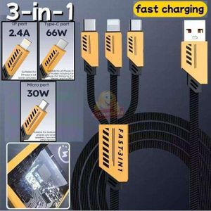Câble USB 3 En 1 Nylon Tressé Charge Rapide Type C Lightning Micro USB Durable