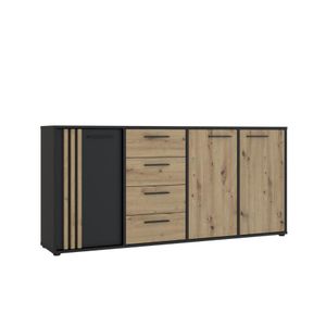 Kitea Meuble Multifonctions Cardigan 3 Portes Et 4 Tiroirs - Noir / Chêne Foncé