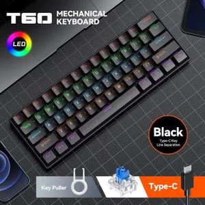 T-Wolf Clavier mécanique de jeu avec interrupteurs tactiles bleus, 61 touches, rétroéclairage RVB, câble Type-C détachable pour l'entrée de données et le jeu T60 Bleu
