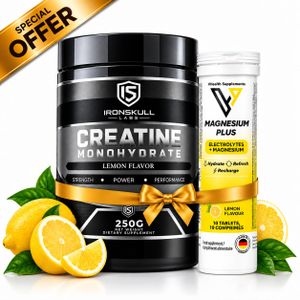 IronSkull Pack Performance & Hydratation - Creatine Monohydrate Citron 250 g + Electrolytes Plus Magnesium Citron 10 Tabs