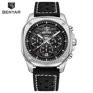 Benyar Montre homme - Montre de luxe à quartz, chronographe, étanche, lumineuse, bracelet en cuir, style sport