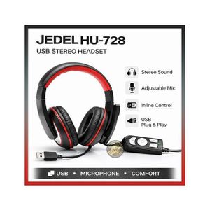 Jedel Casque Micro USB HU-728 – Casque Stéréo avec Microphone Ajustable pour PC, Musique et Gaming