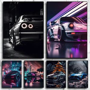 Decoration 6 Poster Sports Car Landscape Painting Neon Night City Printing