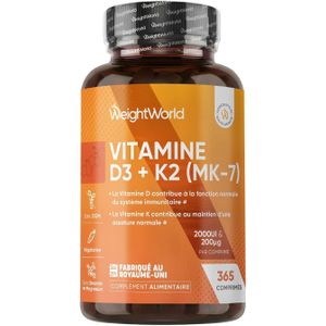 WeightWorld Vitamine D3 K2 MK7, 365 Micro-Comprimés Végétariens, Vit D3 2000UI & K2 MK7, Complexe Vitamine D3 K2 MK7 Cholecalciferol et 200ug Ménaquinone, sans stéarate de magnésium, multivitamines pour 1 an