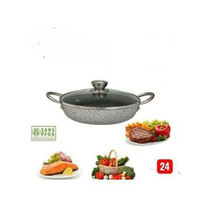 Poêle de Cuisson 24 cm Sans PFOA – Revêtement Effet Pierre et Couvercle en Verre
