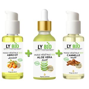 LY BIO PACK HUILE ABRICOT 50ML - POMPE + HUILE ALOE VERA 50ml - PIPETTE + HUILE CANNELLE 50ML - POMPE