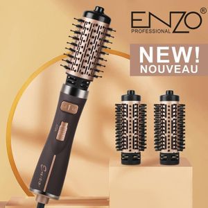 Enzo Professional Brosse soufflante professionnelle 3 en 1 - 3 têtes de brosse interchangeables- Sèche-cheveux et volumisateur -Brillance lisse et luxueuse - Démêlage sur cheveux secs ou mouillés - Brosse soufflante rotative