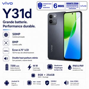 vivo Y31d –  Smartphone – 6 Go RAM / 128 Go Stockage – Processeur Snapdragon 6s Gen 2 4G – Caméra 50 MP – Batterie BlueVolt 7200 mAh – Charge rapide 44W – Écran 6,75" 120 Hz – Certification IP68/IP69 – Haut-parleurs stéréo – Garantie 18 mois