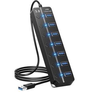 محور USB 3.0 بسبعة منافذ 30 سم مع مفاتيح تشغيل/إيقاف فردية