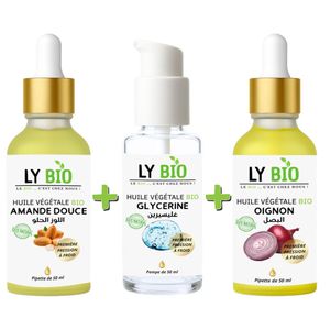 LY BIO PACK HUILE AMANDE DOUCE 50ML - PIPETTE + HUILE GLYCERINE 50ml - POMPE + HUILE OIGNON 50ML - PIPETTE