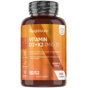 WeightWorld Vitamine D3 K2 (MK7) Extra Fort Système Immunitaire 365Comprimés - 1 ans