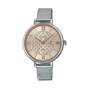 Casio élégante minimaliste et robustesse avec bracelet en maiies milanaise - Index ornés de cristaux Swarovski - SHE-4059M-4A