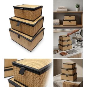 Lot de 3 Boîtes de Rangement Tressées avec Couvercles – Rangement Organiseur Multi-Usage pour Maison, Chambre et Salle de Bain – Finition Naturelle et Élégante 32/14 29/13 24/11