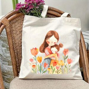 Sac Fourre-Tout Floral Embrace Mother – Grande Capacité, Polyester Durable, Design Simple et Tendance avec Illustration Maman & Fille Réconfortante, Parfait pour le Shopping, les Voyages et les Activités en Plein Air, Sac Fourre-Tout Mignon