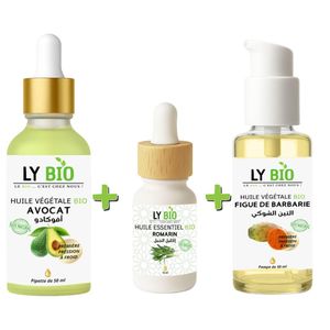 LY BIO PACK HUILE AVOCAT 50ml - PIPETTE + HUILE ESSENTIEL ROMARIN 10ML + HUILE FIGUE DE BARBARIE 50ML - POMPE