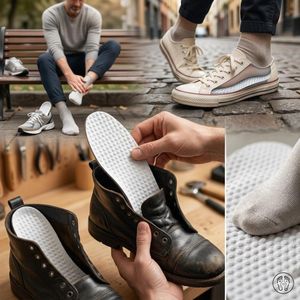 Semelles intérieures ergonomiques à picots massants, respirantes et confortables, conçues pour réduire la fatigue du pied et améliorer le maintien dans tous types de chaussures.