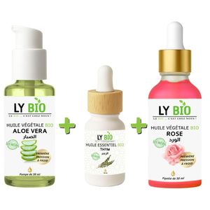LY BIO PACK HUILE ALOE VERA 50ml - POMPE + HUILE ESSENTIEL THYM 10ML + HUILE ROSE 50ml - PIPETTE