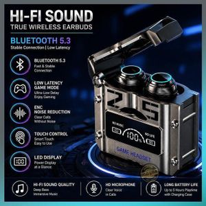 Écouteurs Sans Fil Bluetooth 5.3 M25 Gaming TWS avec Boîtier LED, Mode Jeu Faible Latence, ENC, Micro HD, Autonomie Prolongée