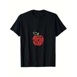 T-shirt 180G Meilleur Enseignant Motif Pomme - Coupe Ample Unisexe Manches Courtes,  Confortable Style Décontracté, Noir avec Design Pomme Rouge et Vert, Tailles S à XXXL, Lavable en Machine Adapté à Toutes les Saisons, T-shirt Enseignant Exclusif