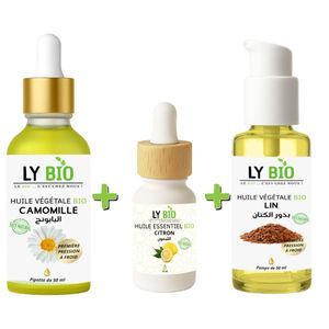 LY BIO PACK HUILE CAMOMILLE 50ML - PIPETTE + HUILE ESSENTIEL CITRON 10ML + HUILE LIN 50ML - POMPE