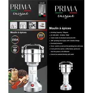 Prima Moulin à épices broyeur professionnel Haute vitesse multifonctions broyeur d'herbe Électrique 150G en acier inoxydable à 3 lames moteur 100% cuivre très puissant 700W
