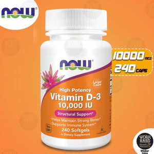 Now Foods Vitamine D3,(10 000 UI) Concentration accrue, 240 capsule+Sticker cadeau