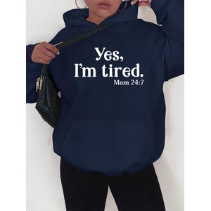 Sweat à capuche graphique "Yes, I'm Tired" pour femme - Pull décontracté ample avec poches, doux et lavable en machine, noir avec lettres blanches, parfait pour l'automne/hiver, vêtements confortables au quotidien   Sweat à capuche ample   Tissu lavable