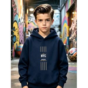 Sweat à capuche décontracté pour garçons Automne Hiver Manches longues SPORT Lettre Rayures verticales Imprimé, Haut décontracté, Fibre légèrement extensible, Convient pour les sorties quotidiennes décontractées de sport et de rue