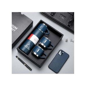 Ensemble thermos avec deux tasses bleu