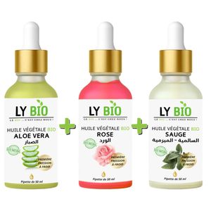 LY BIO PACK HUILE ALOE VERA 50ml - PIPETTE + HUILE ROSE 50ml - PIPETTE + HUILE SAUGE 50ML - PIPETTE