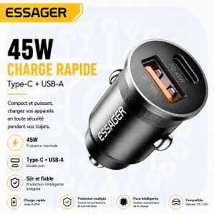 ESSAGER Chargeur Voiture Rapide 45W USB-C PD 3.0 + USB-A QC – Double Port 12V/24V avec Protection Intelligente