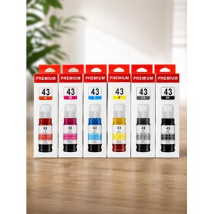 Premium Pack 6 Bouteilles d'Encre Compatibles GI-43 pour Canon PIXMA MegaTank (Haute Qualité) Noire Cyan  Magenta  Jaune  Rouge  Gris 