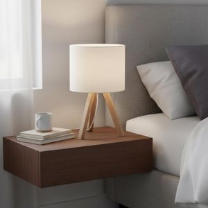 Lampe de table trépied en bois avec abat-jour en tissu blanc