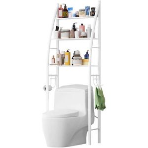 Étagère de salle de bain KOMFORT 3 niveaux blanche en acier mat avec porte-rouleau et 3 crochets